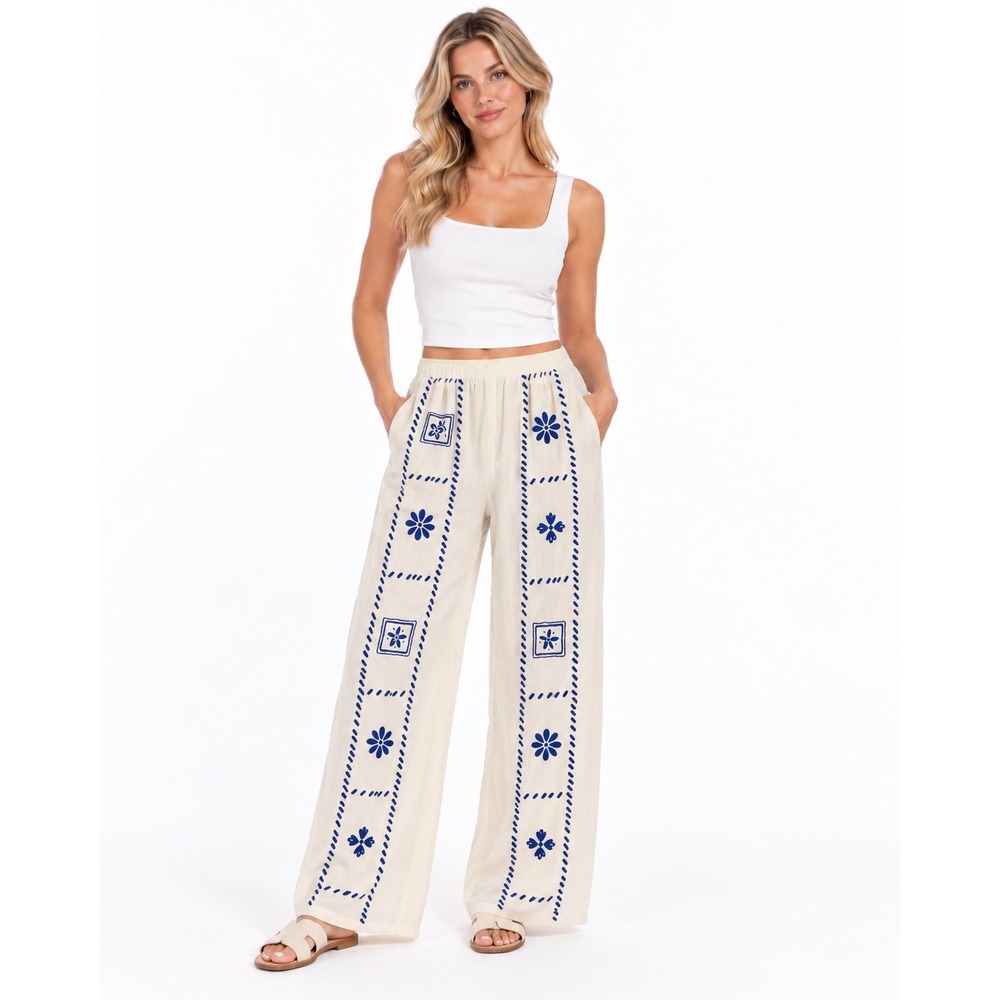 Princess Polly Pants Women 6 Cream Blue Excellent Embroidered Wide Leg Linen